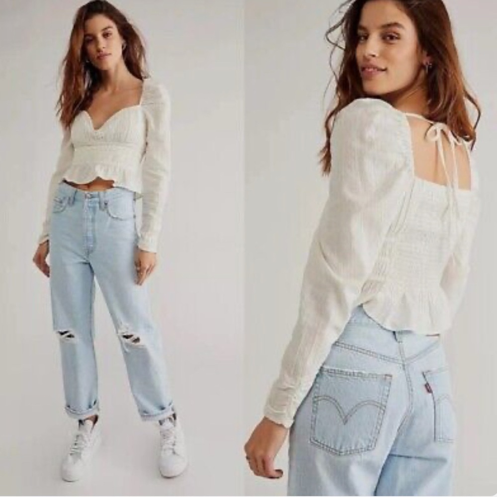 Free People Chloe Top White Wired Sweetheart Long Sleeve Cotton